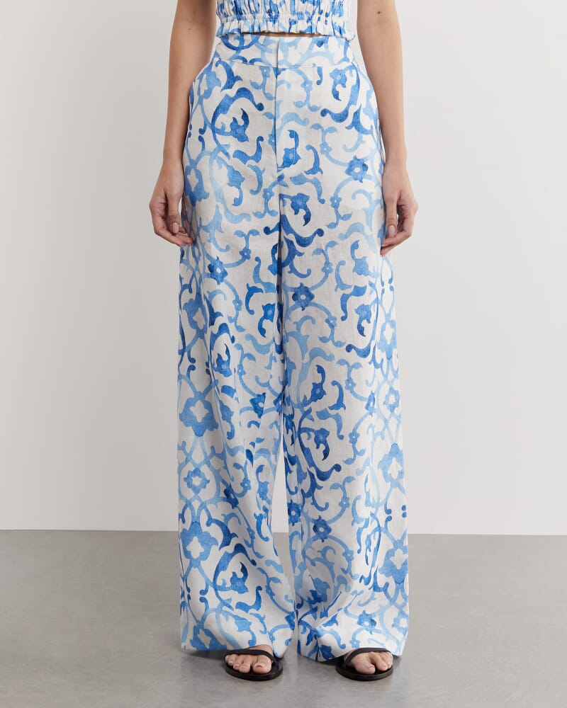 Kirsty Linen Mosaic Pant in WHITE/COBALT