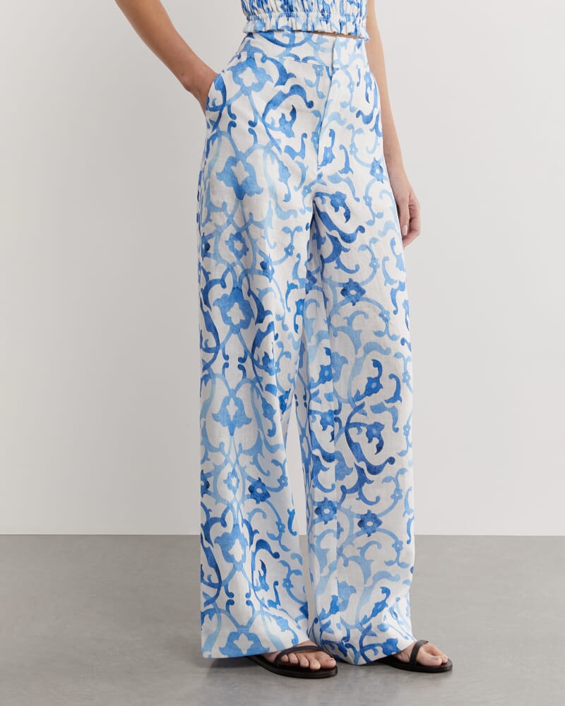 Kirsty Linen Mosaic Pant in WHITE/COBALT