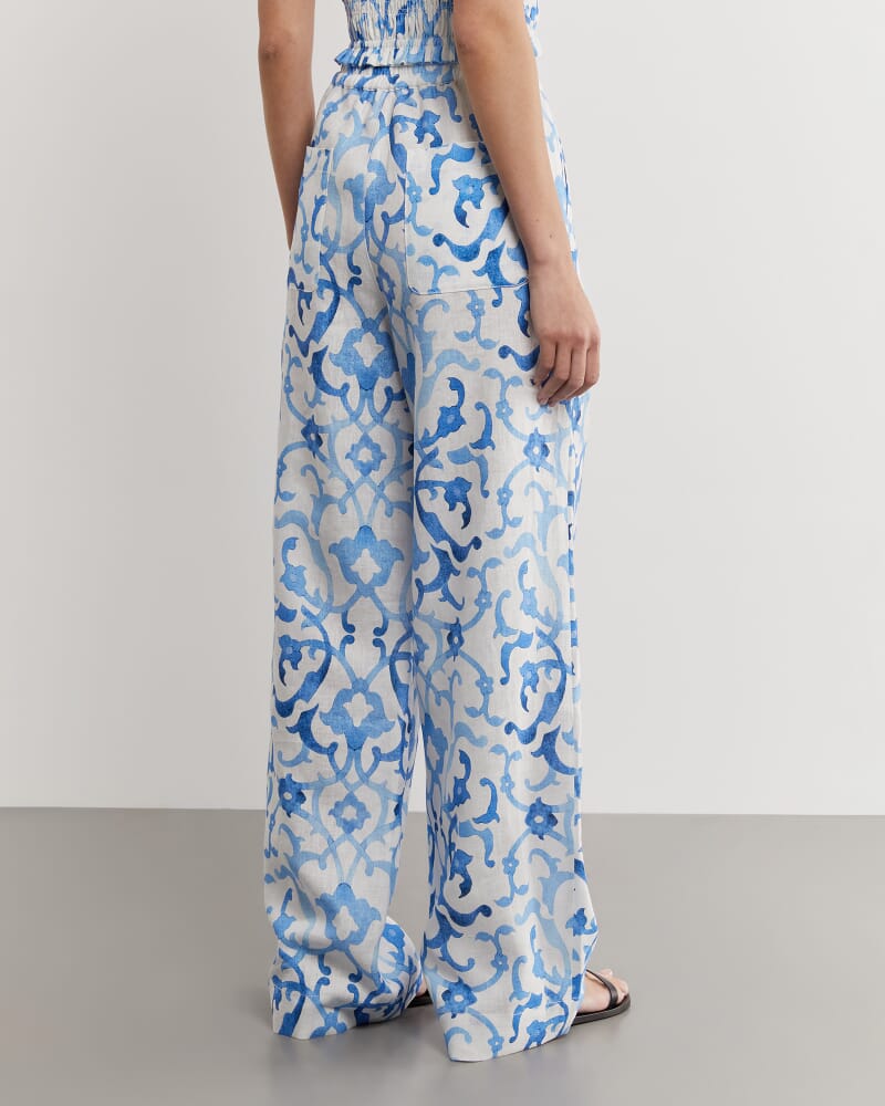 Kirsty Linen Mosaic Pant in WHITE/COBALT
