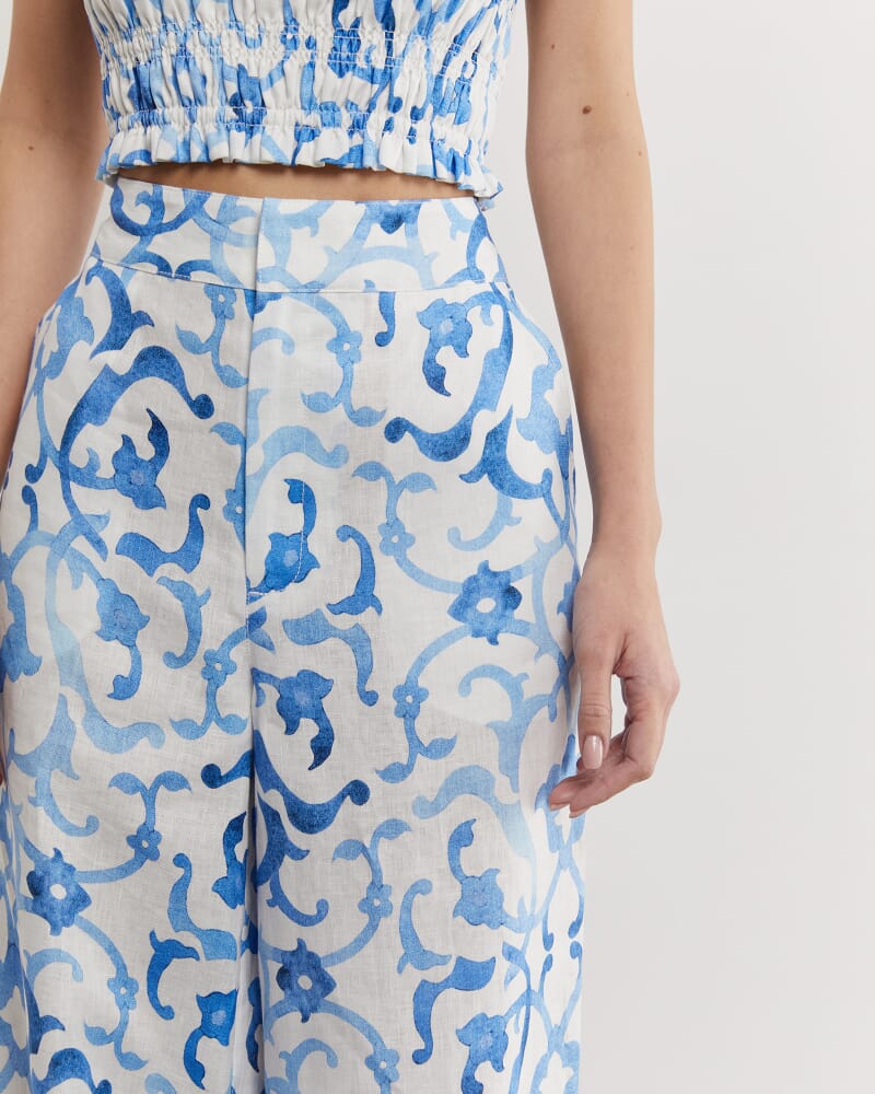 Kirsty Linen Mosaic Pant in WHITE/COBALT