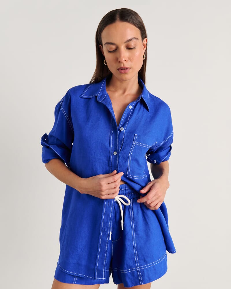 Gigi Linen Pull On Short in COBALT