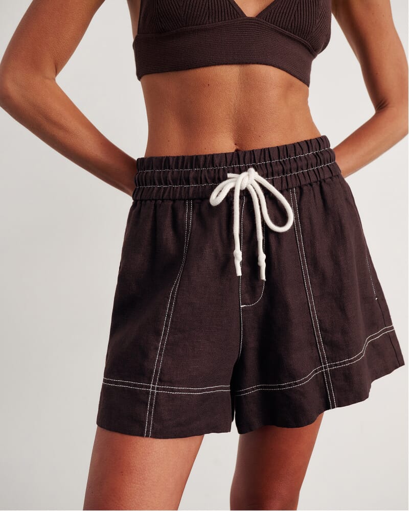 Gigi Linen Pull On Short in DARK CHOCOLATE