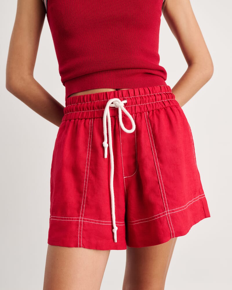 Gigi Linen Pull On Short in DEEP RED
