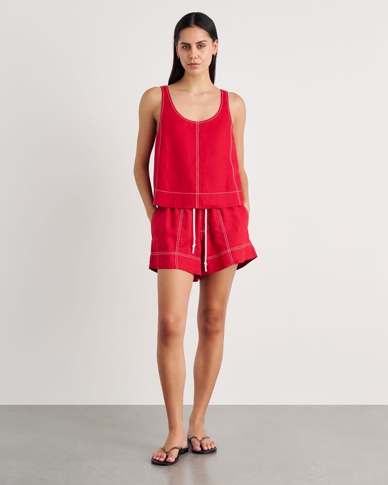 Gigi Linen Pull On Short in DEEP RED