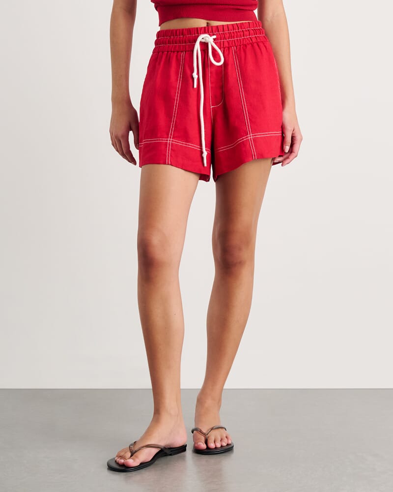 Gigi Linen Pull On Short in DEEP RED