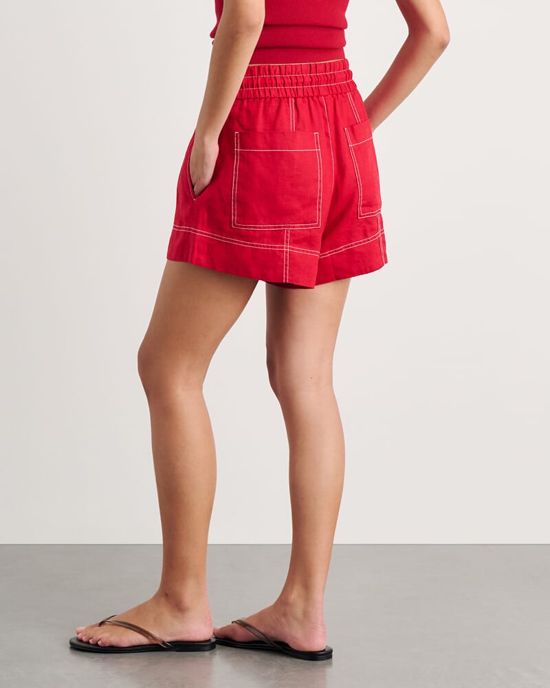 Gigi Linen Pull On Short in DEEP RED