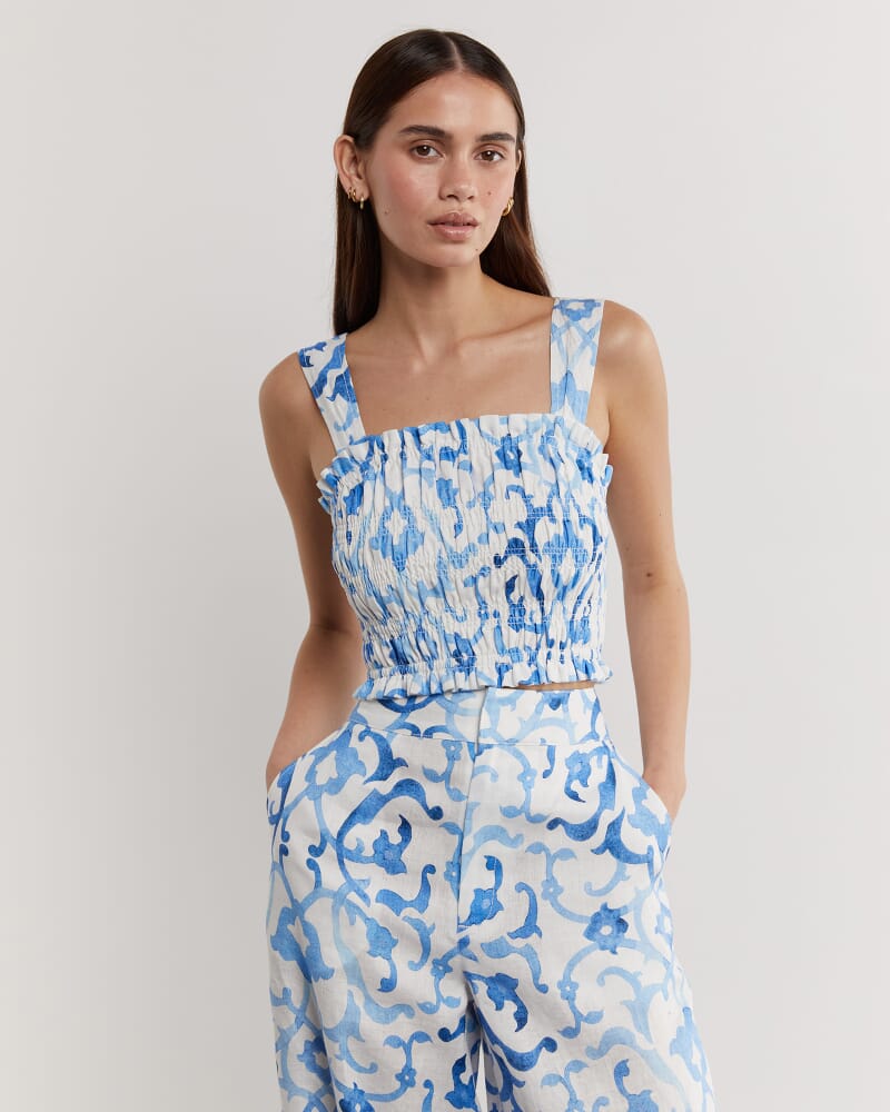 Ella Linen Mosaic Top in WHITE/COBALT