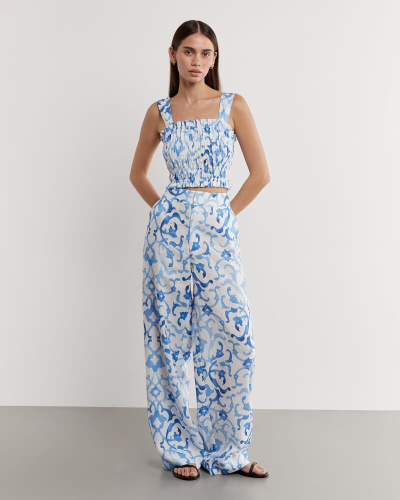 Ella Linen Mosaic Top in WHITE/COBALT