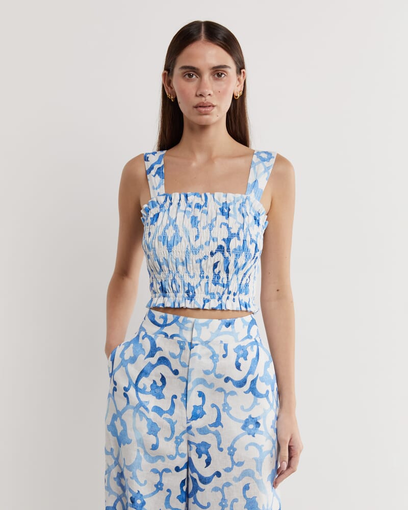 Ella Linen Mosaic Top in WHITE/COBALT