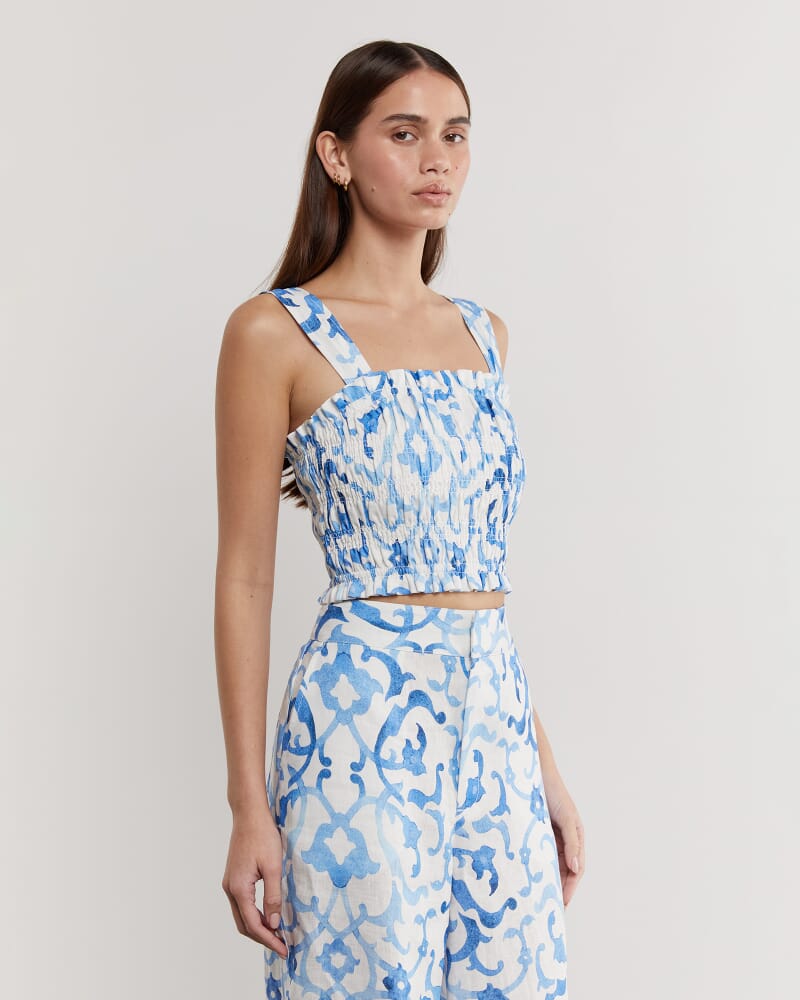 Ella Linen Mosaic Top in WHITE/COBALT