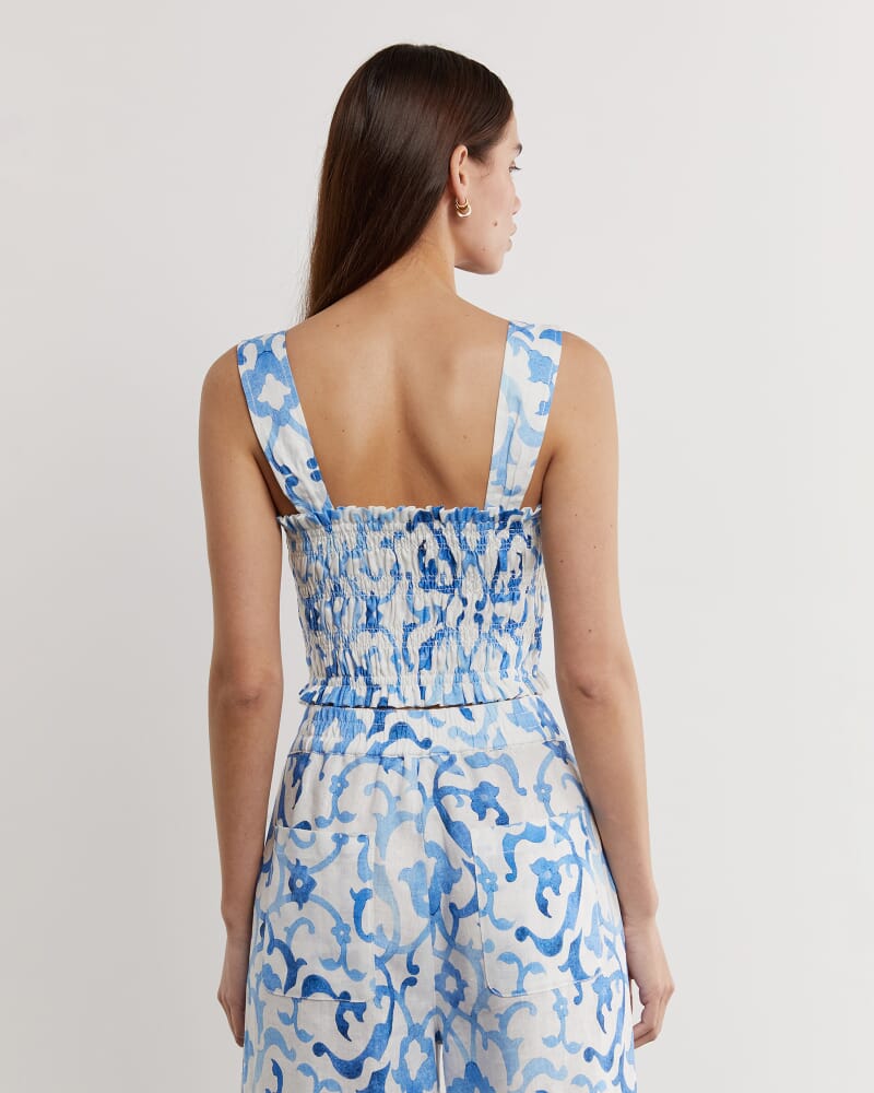 Ella Linen Mosaic Top in WHITE/COBALT