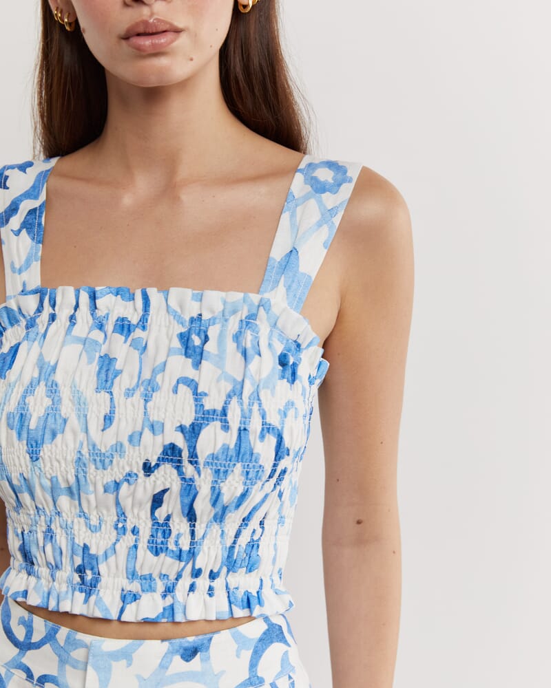 Ella Linen Mosaic Top in WHITE/COBALT