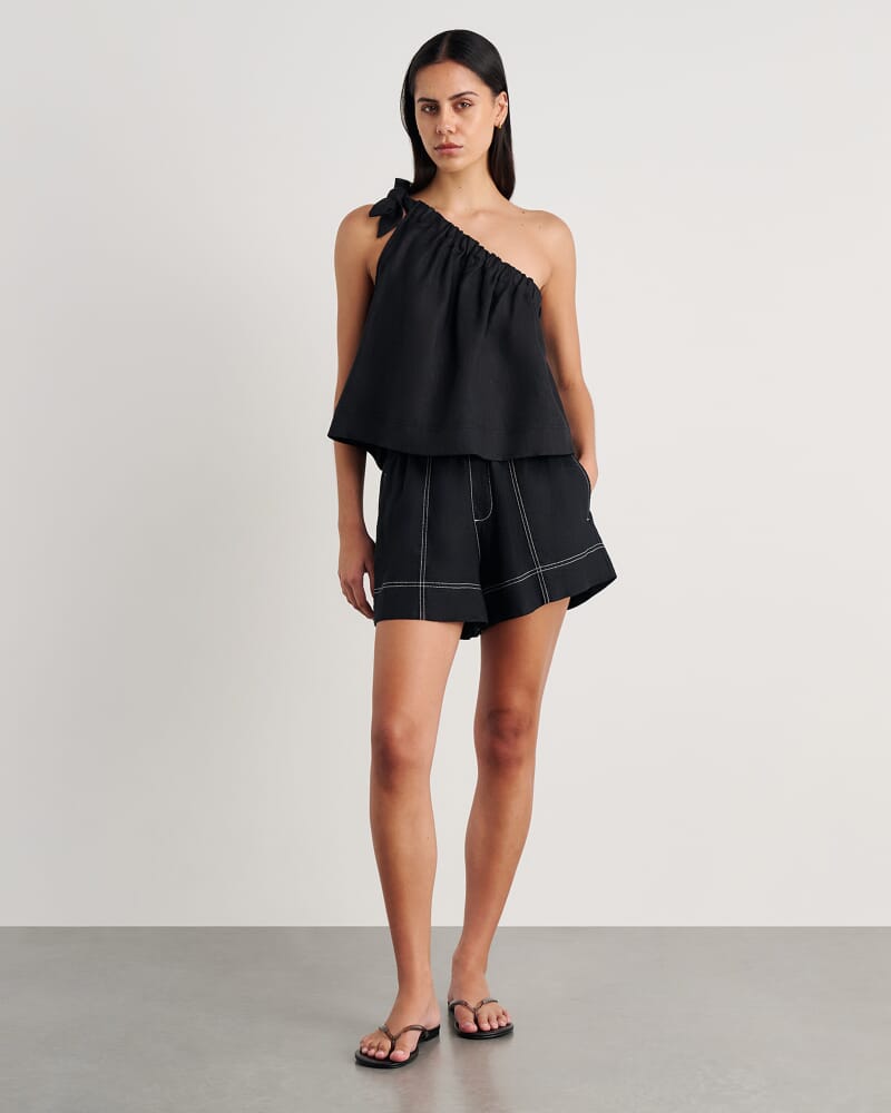 Ariel One Shoulder Linen Top in BLACK