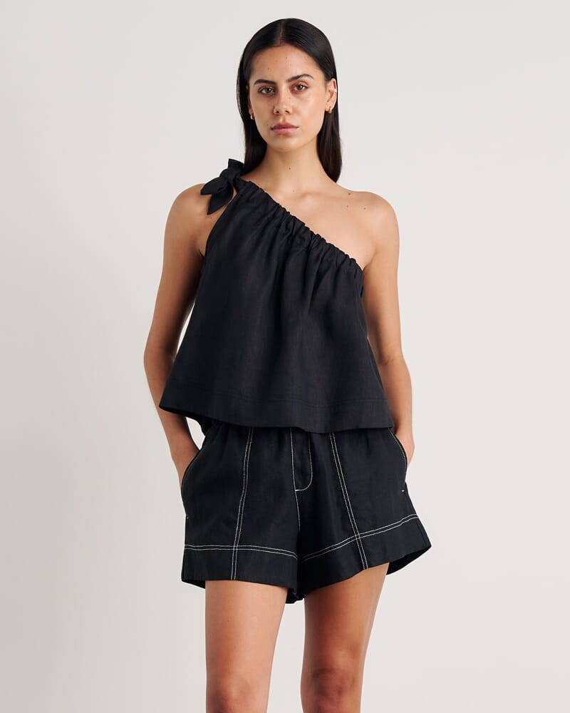 Ariel One Shoulder Linen Top in BLACK