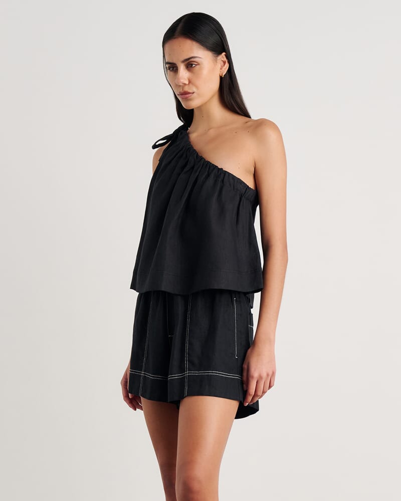 Ariel One Shoulder Linen Top in BLACK
