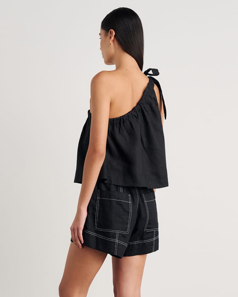 Ariel One Shoulder Linen Top in BLACK