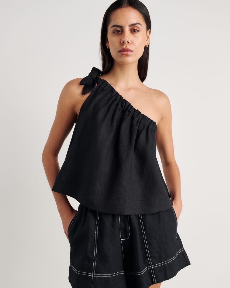 Ariel One Shoulder Linen Top in BLACK