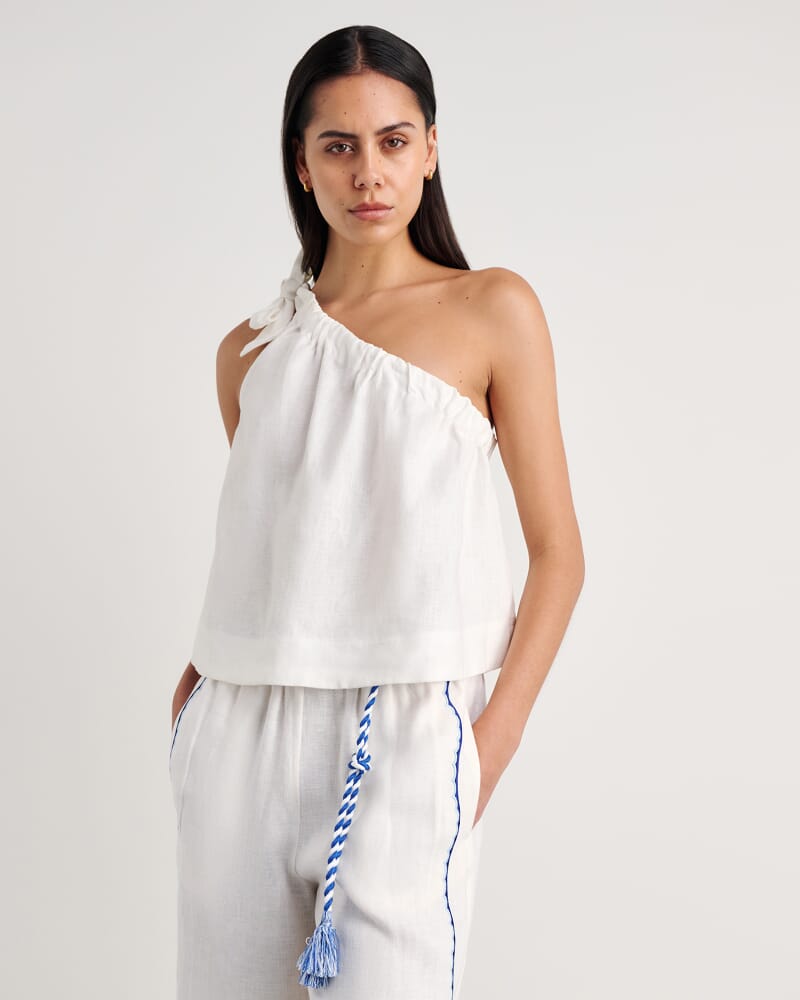 Ariel One Shoulder Linen Top in WHITE