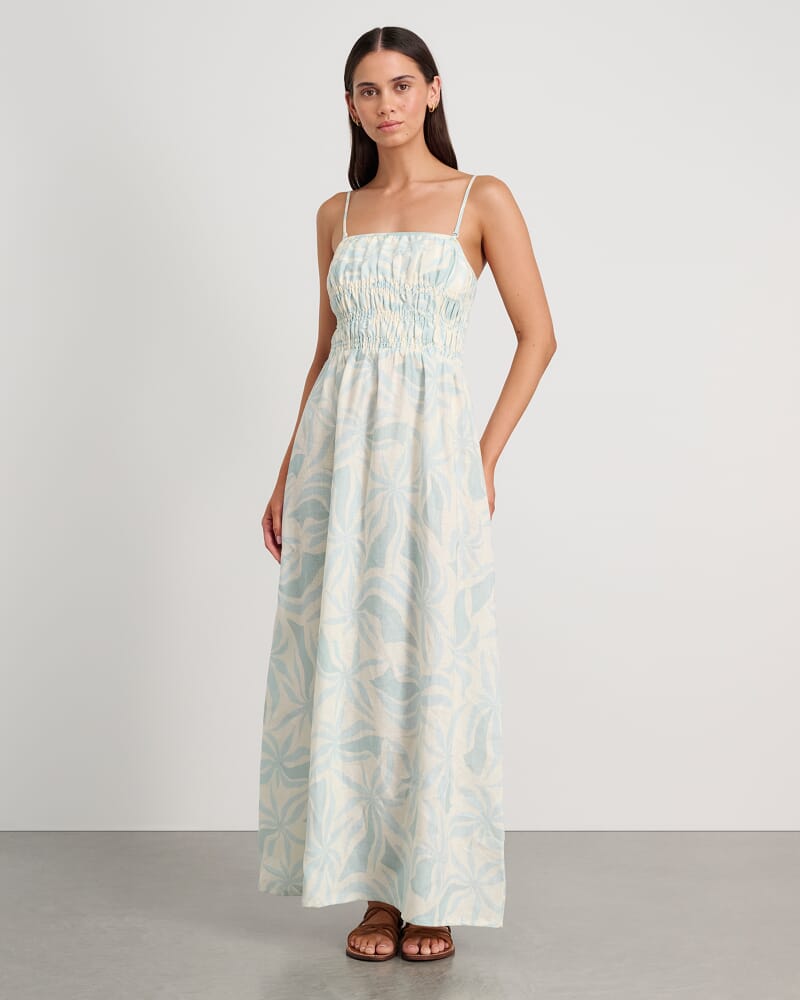 Palma Shirred Maxi Dress in MINT/IVORY