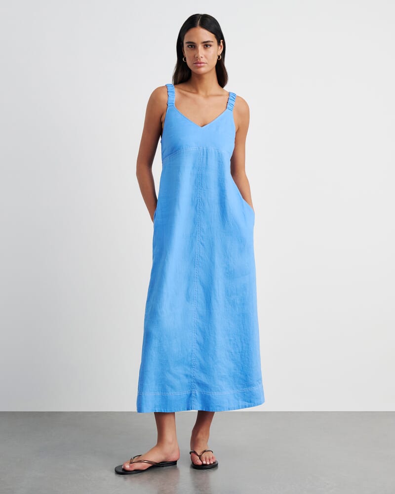 Sara Linen Midi Dress in AZURE