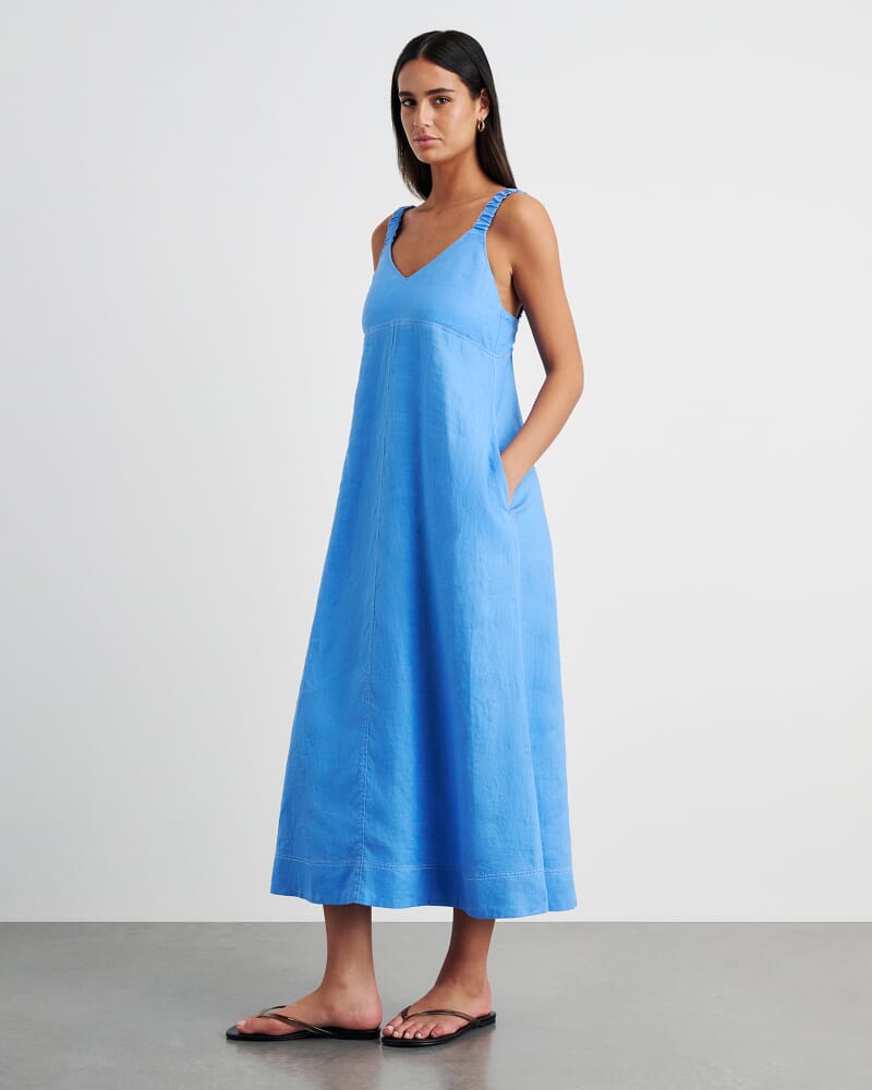 Sara Linen Midi Dress in AZURE