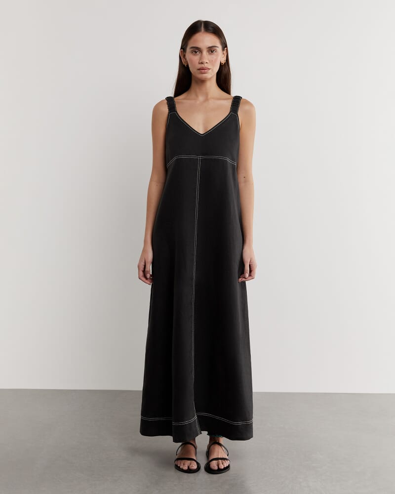 Sara Linen Midi Dress in BLACK