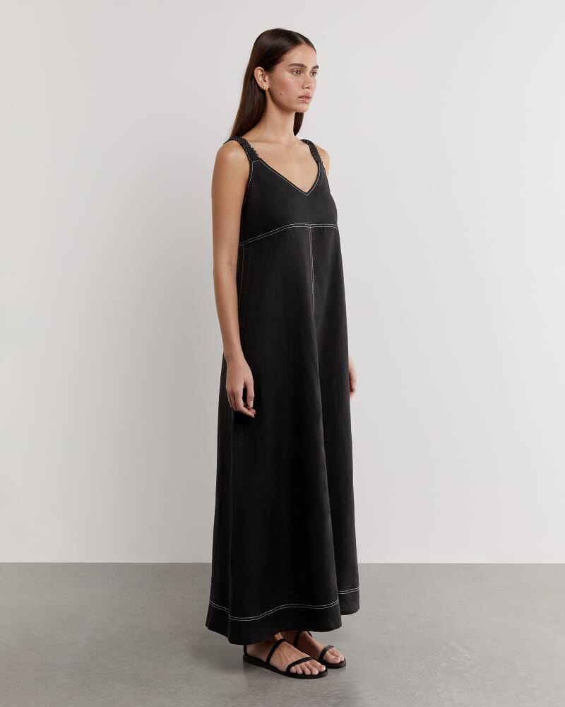 Sara Linen Midi Dress in BLACK