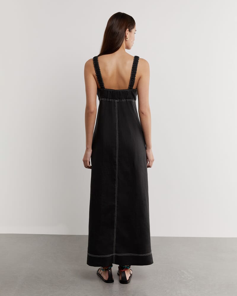 Sara Linen Midi Dress in BLACK