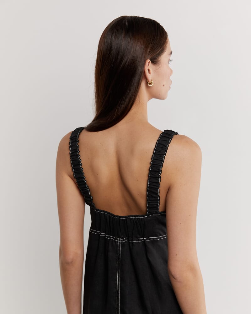 Sara Linen Midi Dress in BLACK