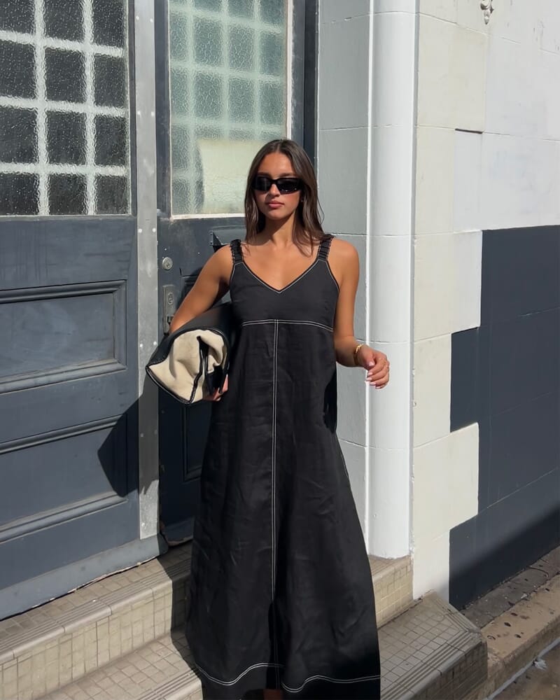 Sara Linen Midi Dress in BLACK