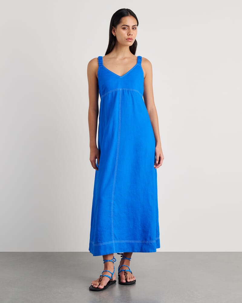 Sara Linen Midi Dress in BRIGHT BLUE