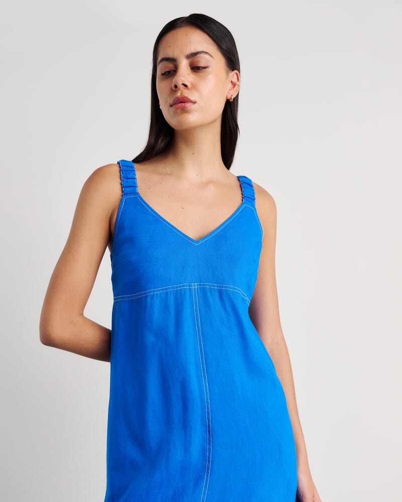 Sara Linen Midi Dress in BRIGHT BLUE