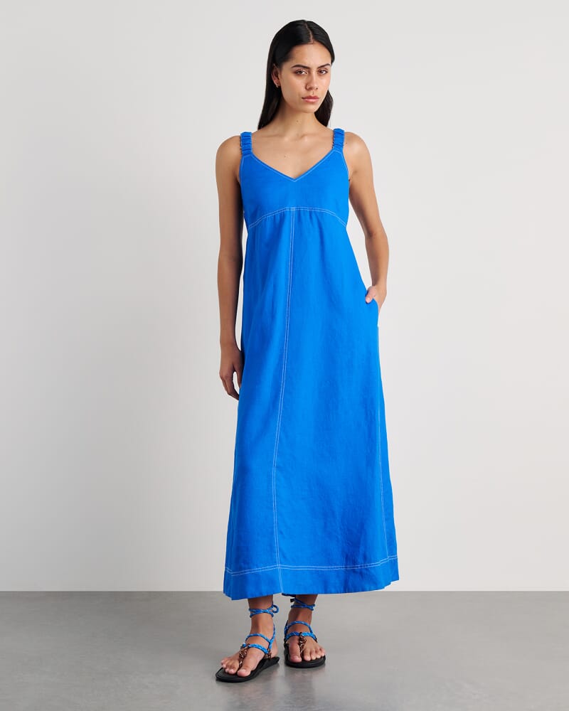 Sara Linen Midi Dress in BRIGHT BLUE