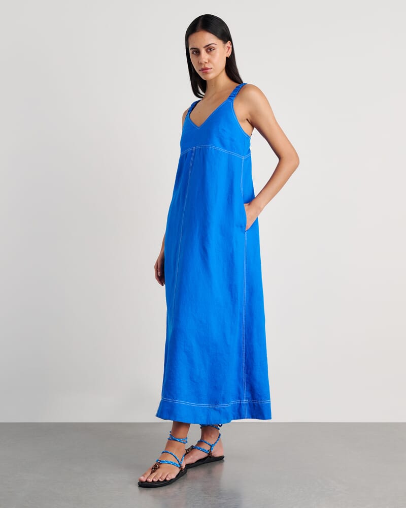 Sara Linen Midi Dress in BRIGHT BLUE