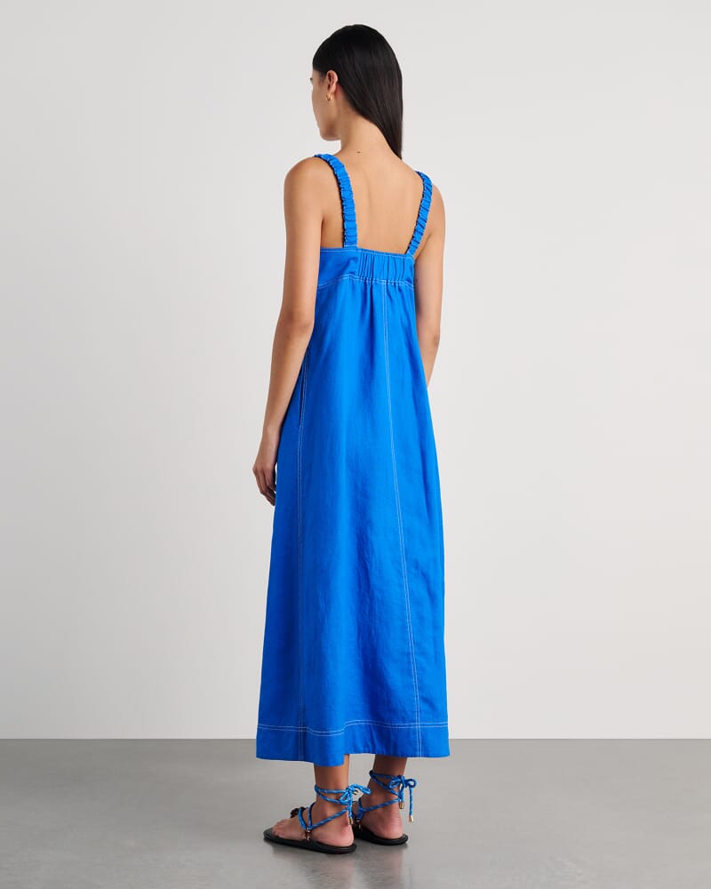 Sara Linen Midi Dress in BRIGHT BLUE