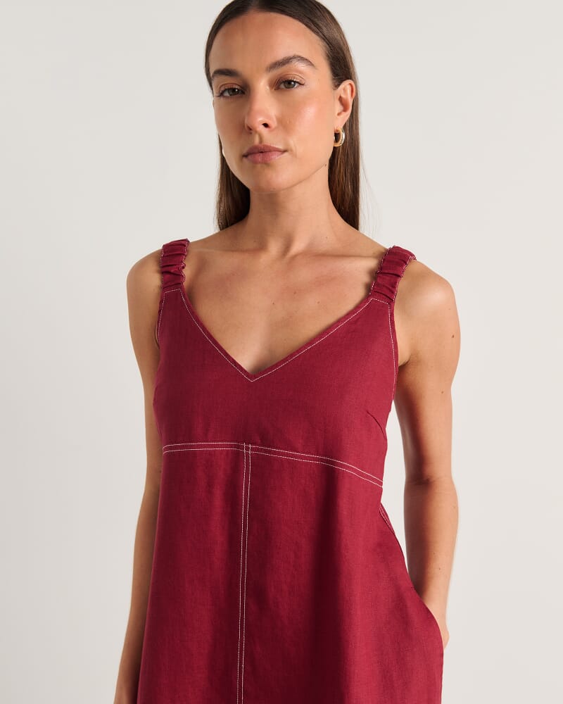 Sara Linen Midi Dress in BURGUNDY