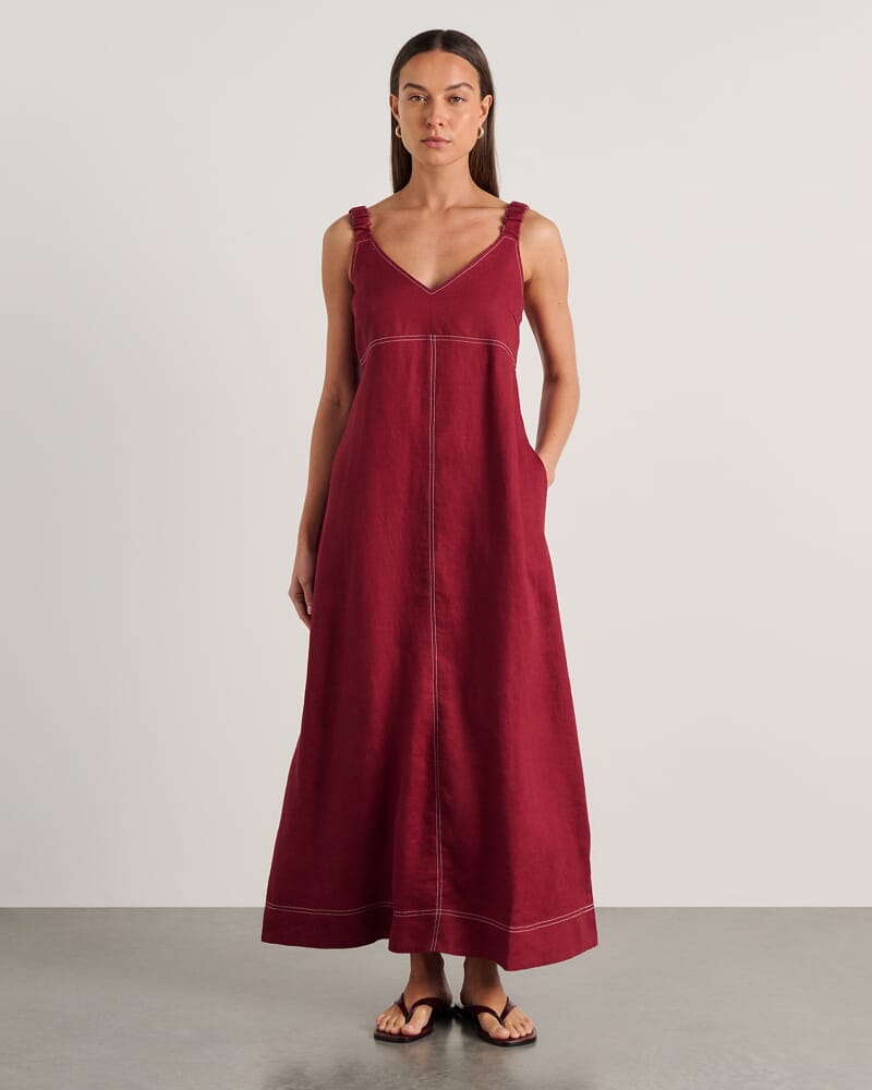 Sara Linen Midi Dress in BURGUNDY