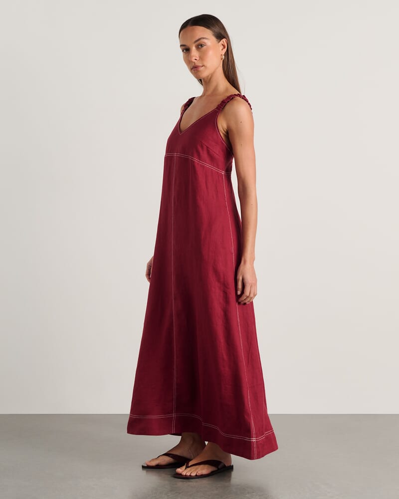 Sara Linen Midi Dress in BURGUNDY