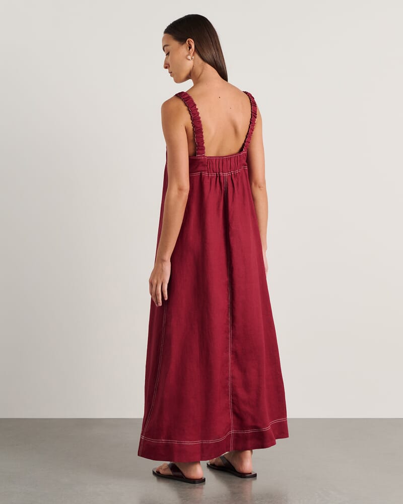 Sara Linen Midi Dress in BURGUNDY