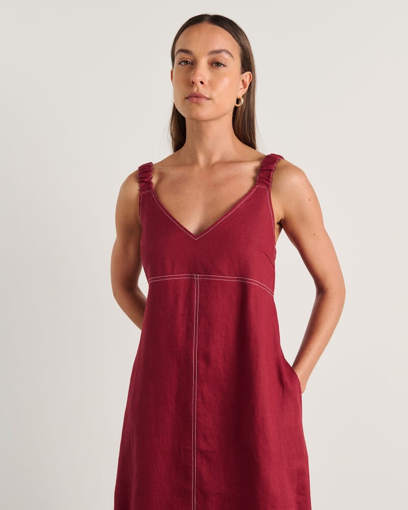 Sara Linen Midi Dress in BURGUNDY