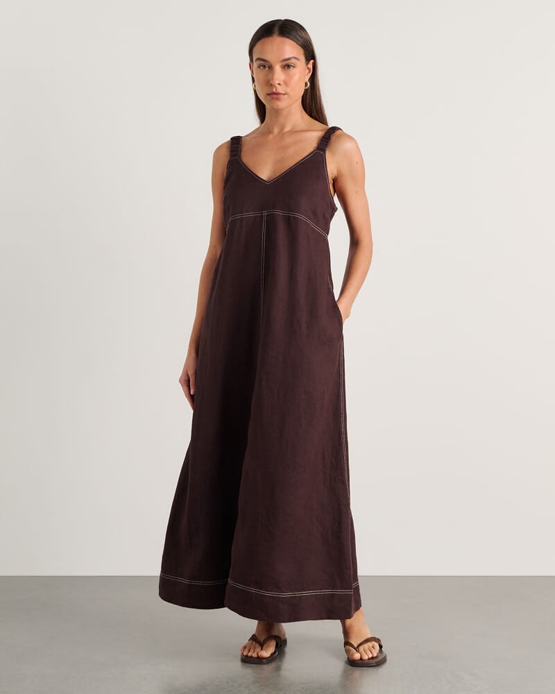 Sara Linen Midi Dress in DARK CHOCOLATE