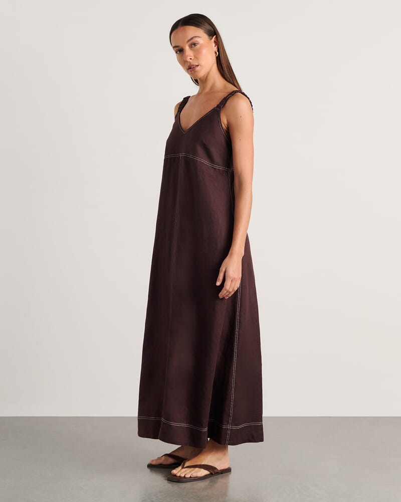 Sara Linen Midi Dress in DARK CHOCOLATE