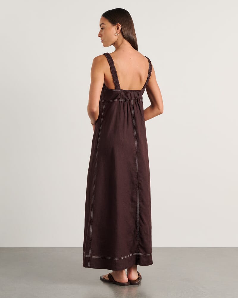 Sara Linen Midi Dress in DARK CHOCOLATE