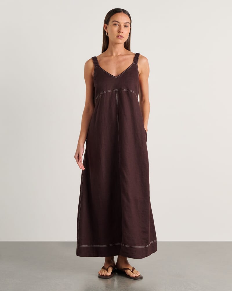 Sara Linen Midi Dress in DARK CHOCOLATE