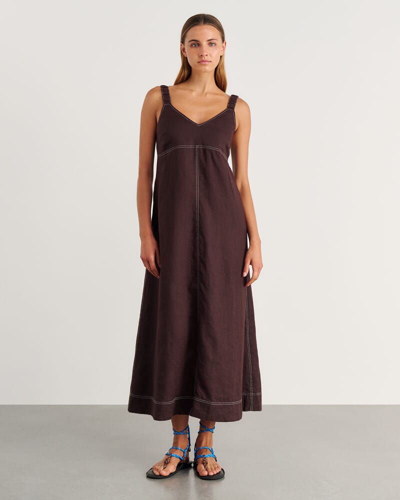 Sara Linen Midi Dress in DARK CHOCOLATE