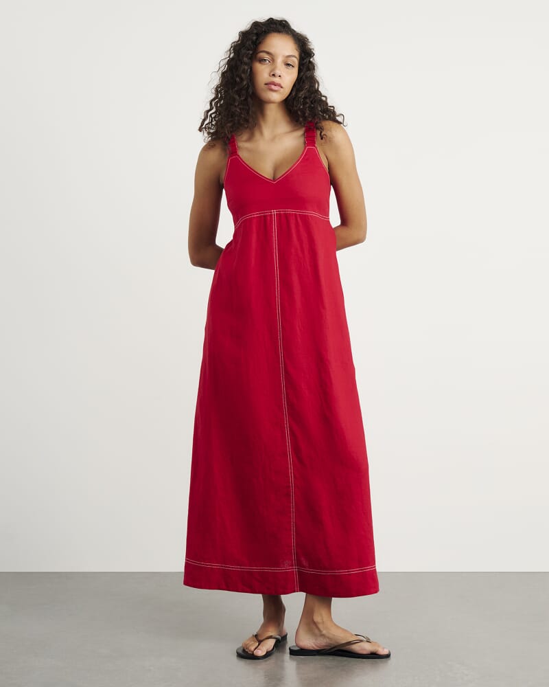 Sara Linen Midi Dress in DEEP RED