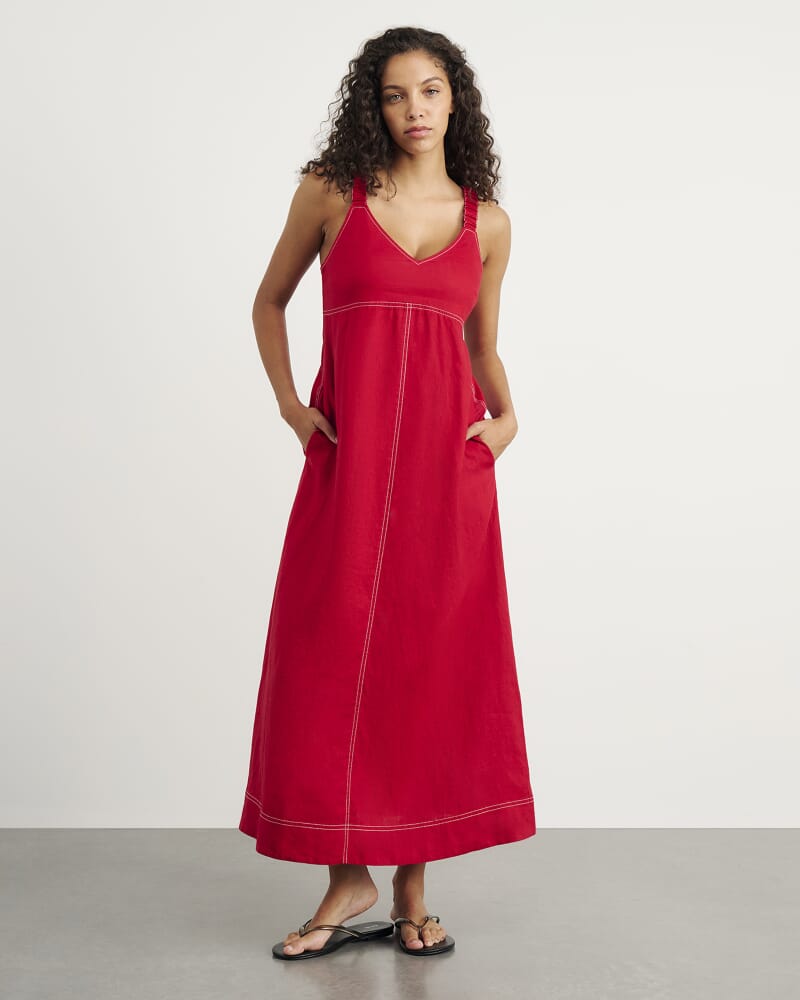 Sara Linen Midi Dress in DEEP RED