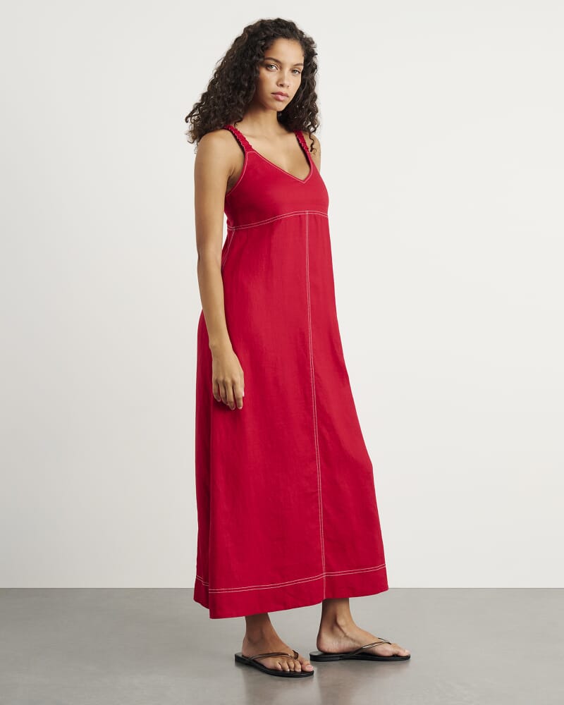 Sara Linen Midi Dress in DEEP RED