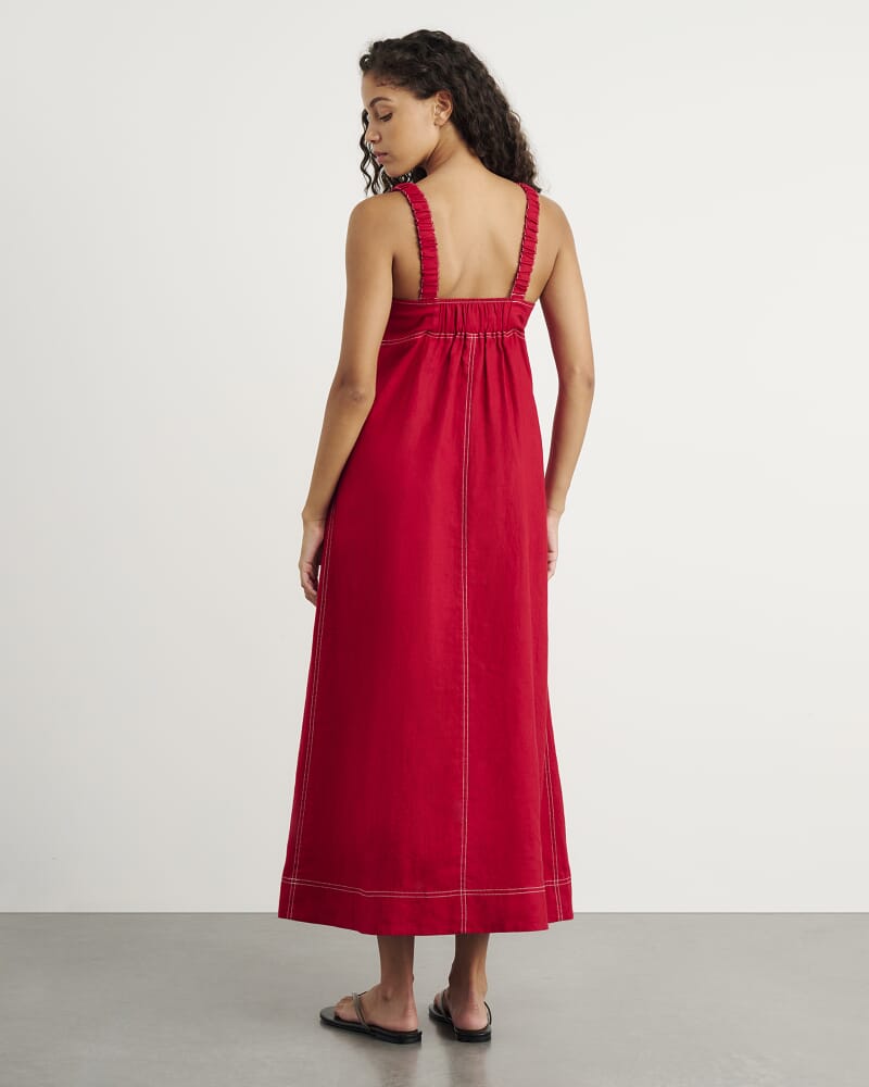 Sara Linen Midi Dress in DEEP RED