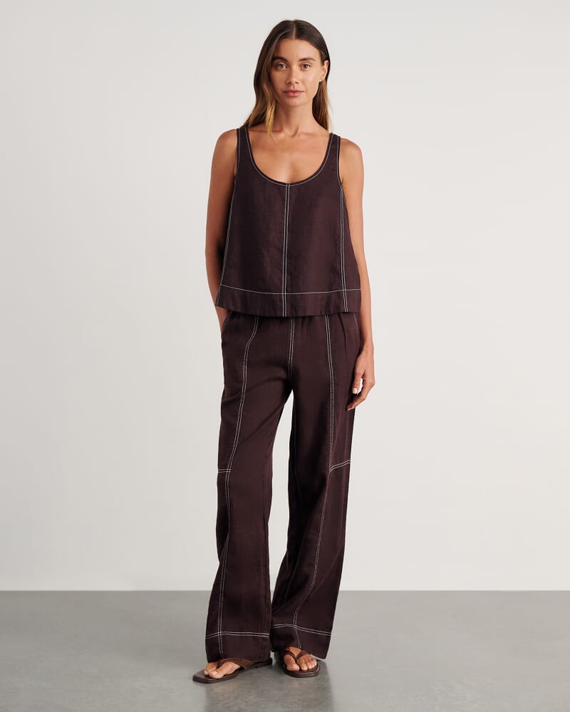 Sabine Linen Relaxed Leg Pant in DARK CHOCOLATE